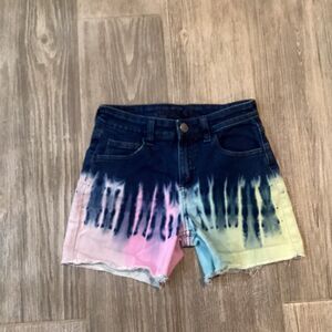 Justice Girls Denim Jean Shorts Tie Dye Blue Pink Yellow Flat Front Size 14